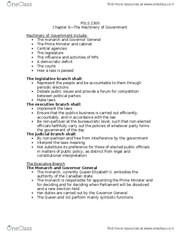 POLS 2300 Lecture 8: Chapter 9- The Machinery of Government thumbnail