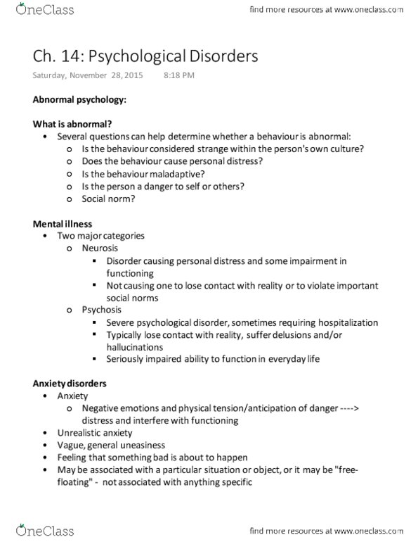 PS101 Lecture Notes - Lecture 23: Hypochondriasis, Obsessive–Compulsive Disorder, Generalized Anxiety Disorder thumbnail