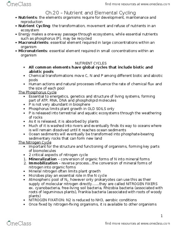 BIOLOGY 2F03 Lecture 6: Ch.20 – Nutrient and Elemental Cycling thumbnail