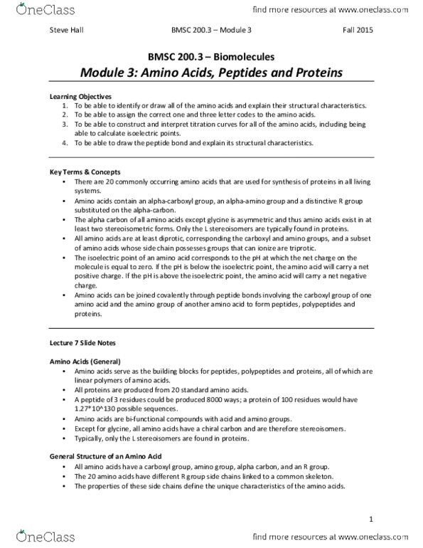 BMSC 200 Lecture Notes - Lecture 3: Alanine, Leucine, Aromatic Amino Acids thumbnail