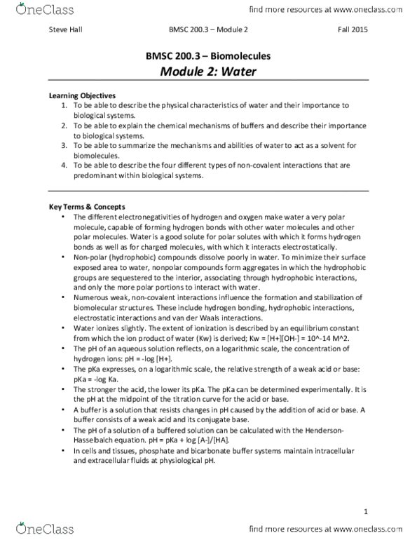 BMSC 200 Lecture Notes - Lecture 2: Ion, Hydrophile, Protein Folding thumbnail