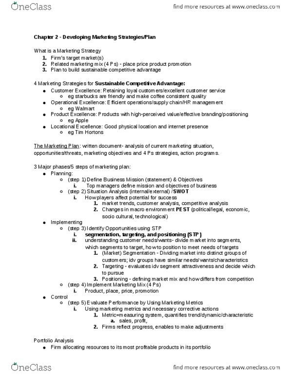 MKT 100 Chapter Notes - Chapter 2: Boston Consulting Group, Habitat, Tim Hortons thumbnail