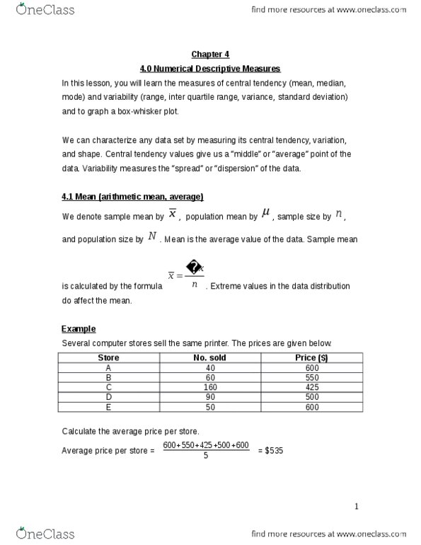 ACC 100 Lecture Notes - Lecture 4: Quartile thumbnail