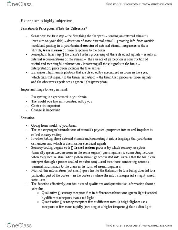 PSY100H1 Lecture Notes - Lecture 7: Dna Gyrase, Postcentral Gyrus, Sound thumbnail