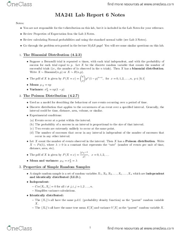KP223 Lecture Notes - Lecture 6: Poisson Distribution, Central Limit Theorem, Statistical Parameter thumbnail