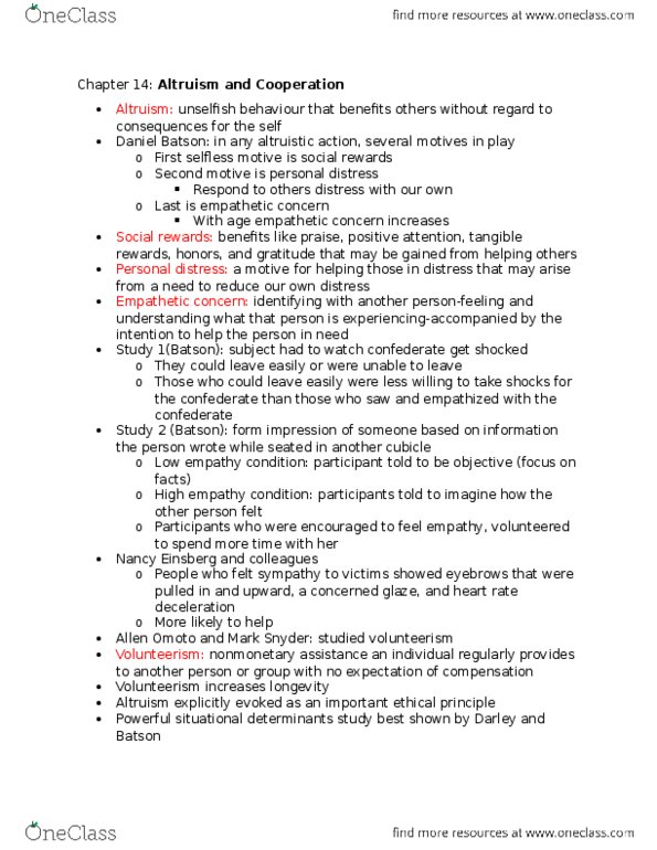 PSYB10H3 Chapter Notes - Chapter 14: Reciprocal Altruism, Kin Selection, Daniel Batson thumbnail