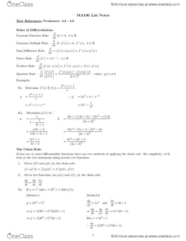 MA100 Chapter Notes - Chapter 6: Jtc Corporation, Differentiable Function, Quotient Rule thumbnail