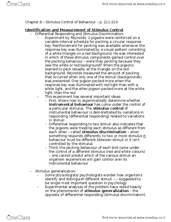 PSYC 2330 Chapter Notes - Chapter 8: Nanometre, Stimulus Control thumbnail