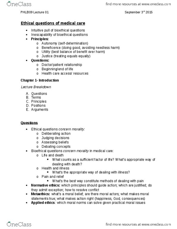 PHLB09H3 Lecture Notes - Lecture 1: Bioethics, Normative Ethics, Applied Ethics thumbnail