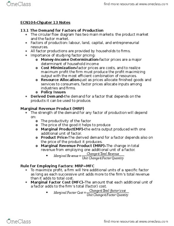 ECN 104 Chapter Notes - Chapter 13: Marginal Revenue Productivity Theory Of Wages, Marginal Revenue, Factor Cost thumbnail