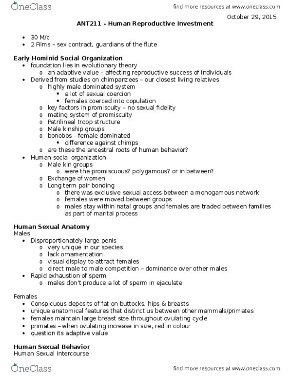 ANT211H5 Lecture Notes - Lecture 7: Sexual Intercourse, Sex Organ, Human Sexuality thumbnail