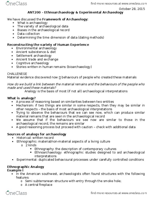 ANT200H5 Lecture Notes - Lecture 13: Experimental Archaeology, Ethnoarchaeology, Environmental Archaeology thumbnail