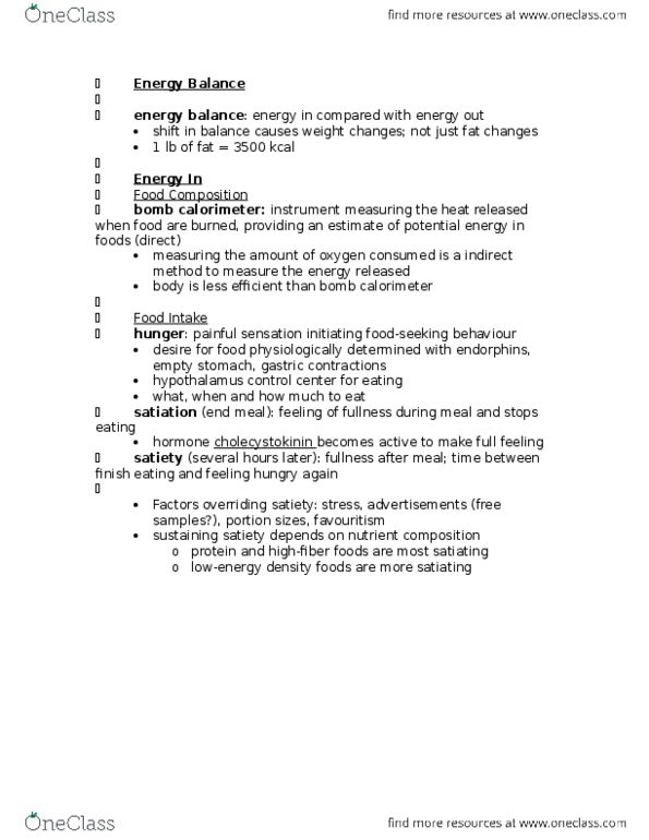 HSS 2342 Lecture Notes - Lecture 7: Calorimeter, Cholecystokinin, Body Composition thumbnail