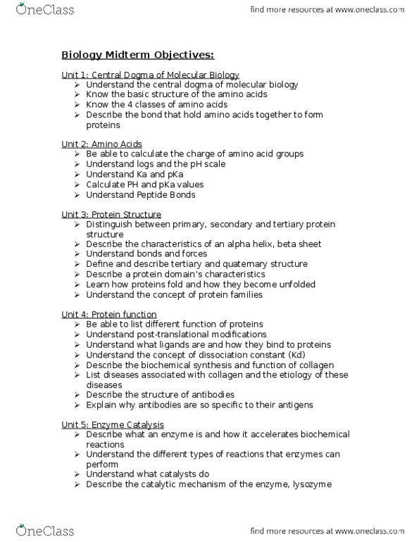 Biochemistry 2280A Lecture 3: Biology Midterm Objectives thumbnail