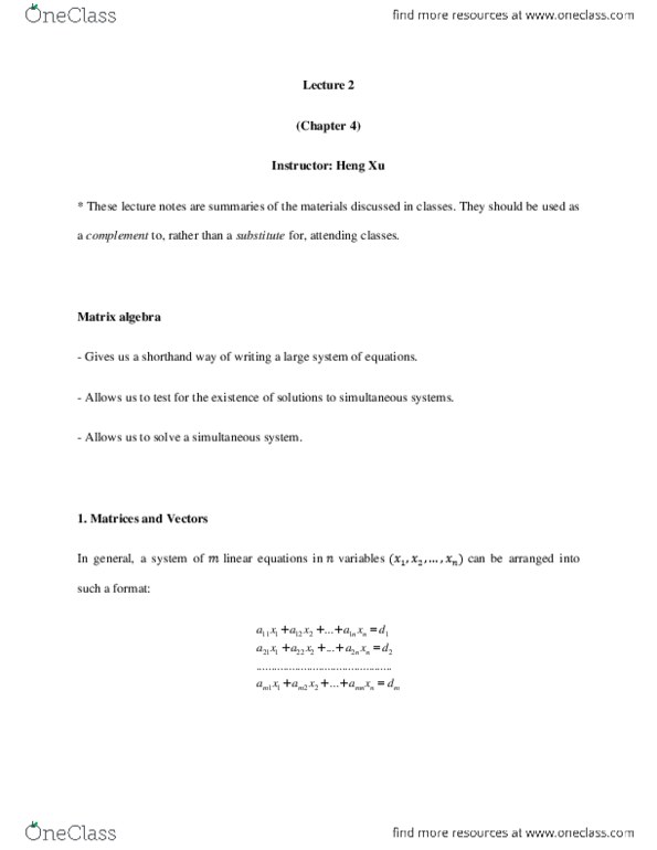 ECON 2400 Lecture Notes - Lecture 2: Matrix Ring, Row And Column Vectors, Simultaneous Equations thumbnail