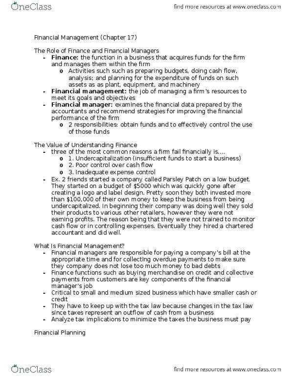 ARBUS101 Chapter Notes - Chapter 17: Cash Flow, Chartered Accountant, Financial Plan thumbnail