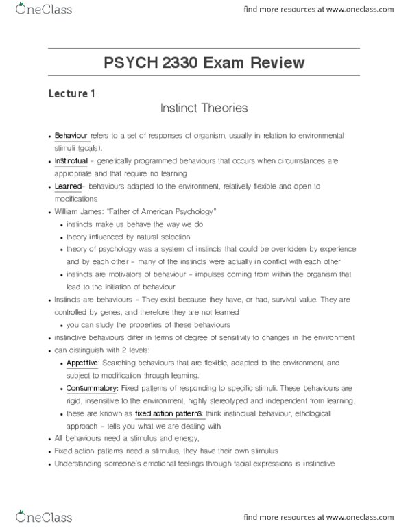 PSYC 2330 Lecture Notes - Lecture 1: Edward C. Tolman, Ethology, Habituation thumbnail