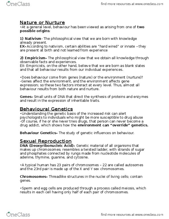 PSYC 100 Lecture Notes - Lecture 3: Y Chromosome, Hard Wired, Guanine thumbnail