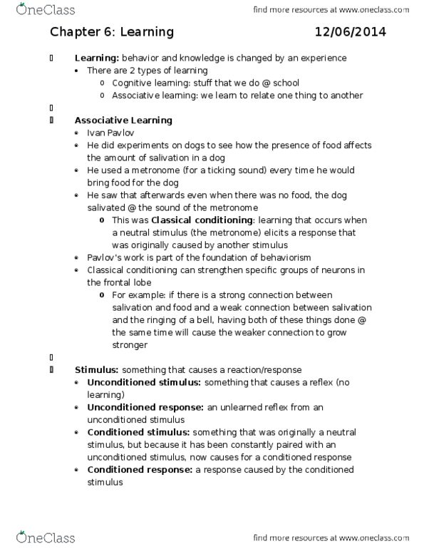 PSYA01H3 Chapter Notes - Chapter 6: Frontal Lobe, Learning, Classical Conditioning thumbnail