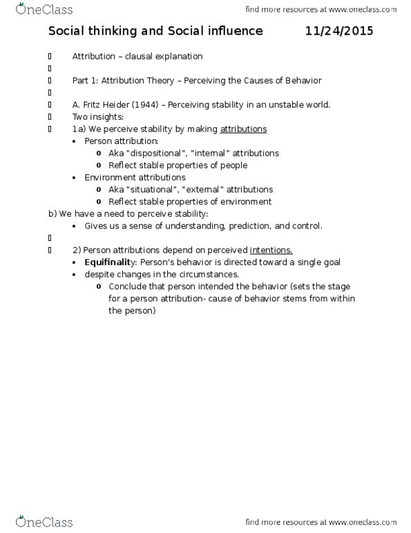 Psychology 2035A/B Lecture Notes - Lecture 9: Fritz Heider, Dispositional Attribution, Social Influence thumbnail