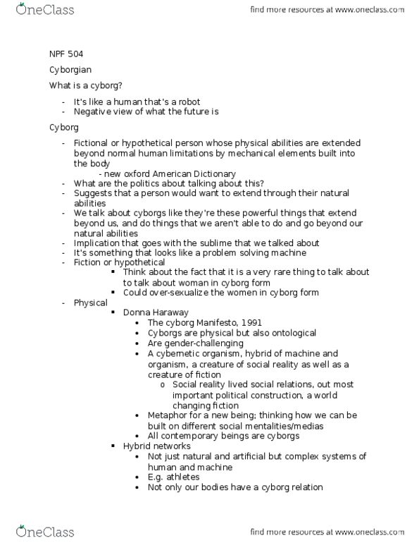 NPF 504 Lecture Notes - Lecture 11: Donna Haraway, Webster'S Dictionary, Cybernetics thumbnail