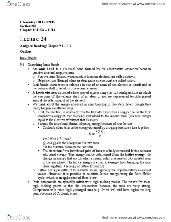 CHEM 130 Lecture Notes - Lecture 9: Lattice Energy, Ionic Compound, Ionic Bonding thumbnail