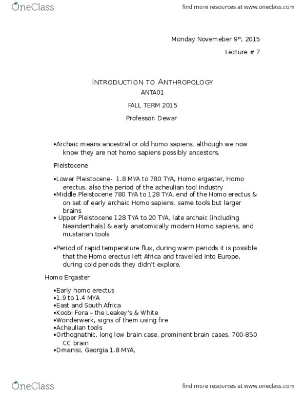 ANTA01H3 Lecture Notes - Lecture 7: Anatomically Modern Human, Archaic Humans, Homo Ergaster thumbnail