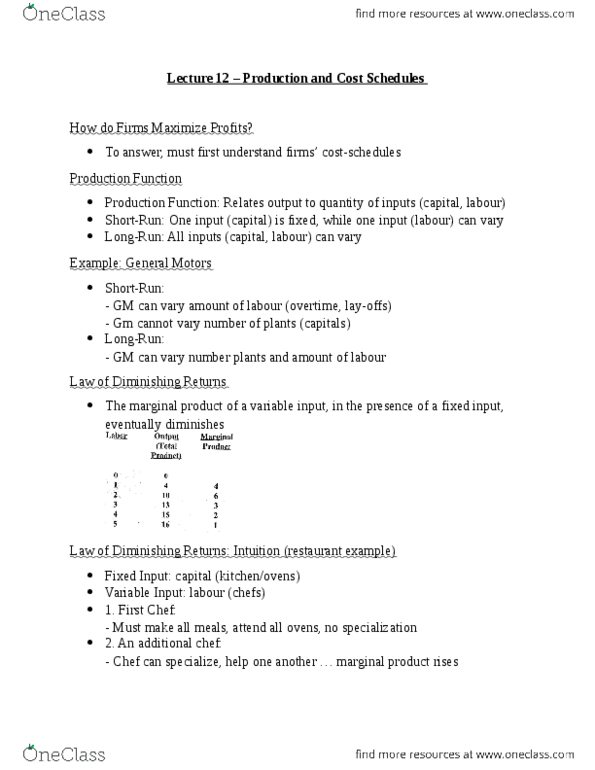 ECO101H1 Lecture Notes - Lecture 12: Production Function, Marginal Product, Fixed Cost thumbnail