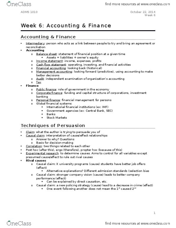 ADMS 1010 Lecture Notes - Lecture 6: Corporate Finance, Financial Accounting, Investment Banking thumbnail