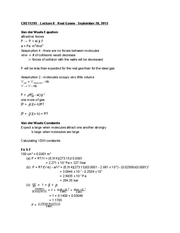 CHE112H1 Lecture Notes - Lecture 8: Ige, Van Der Waals Equation, Real Gas thumbnail