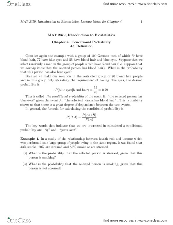 MAT 2379 Lecture Notes - Lecture 1: Conditional Probability, Biostatistics, Bayes Estimator thumbnail