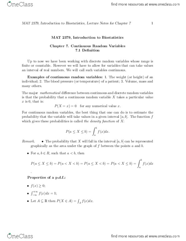 MAT 2379 Lecture Notes - Lecture 1: Biostatistics, Cumulative Distribution Function, Probability Distribution thumbnail
