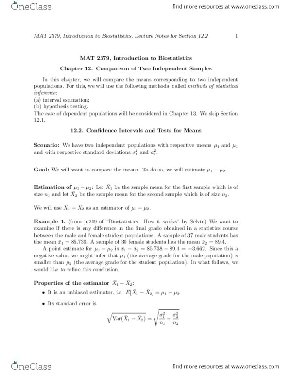 MAT 2379 Lecture Notes - Lecture 1: Interval Estimation, Statistical Hypothesis Testing, Opata Language thumbnail