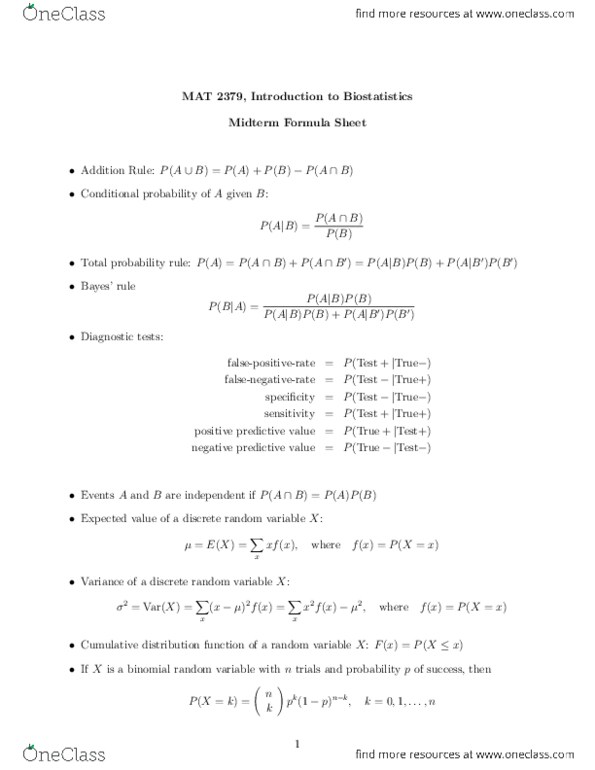 MAT 2379 Lecture Notes - Lecture 1: Quartile, Boron Group, Conditional Probability thumbnail