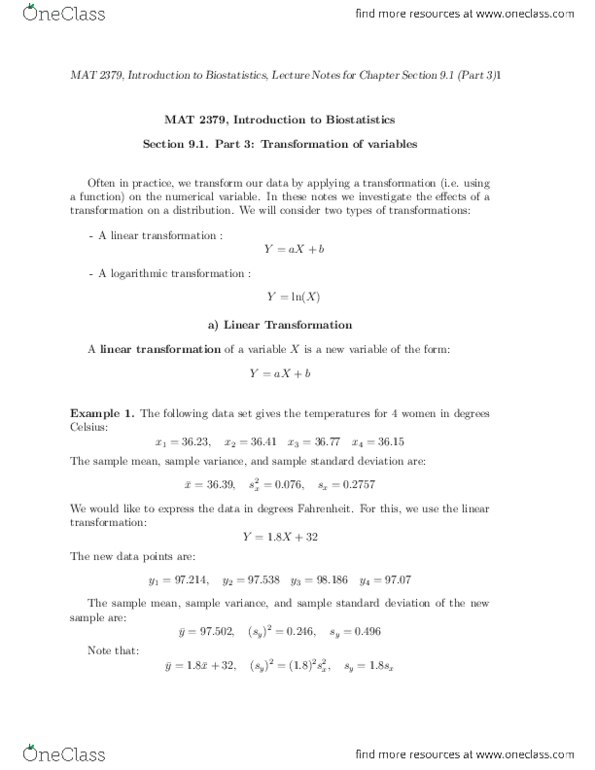 MAT 2379 Lecture Notes - Lecture 1: Variance, Linear Map, Biostatistics thumbnail