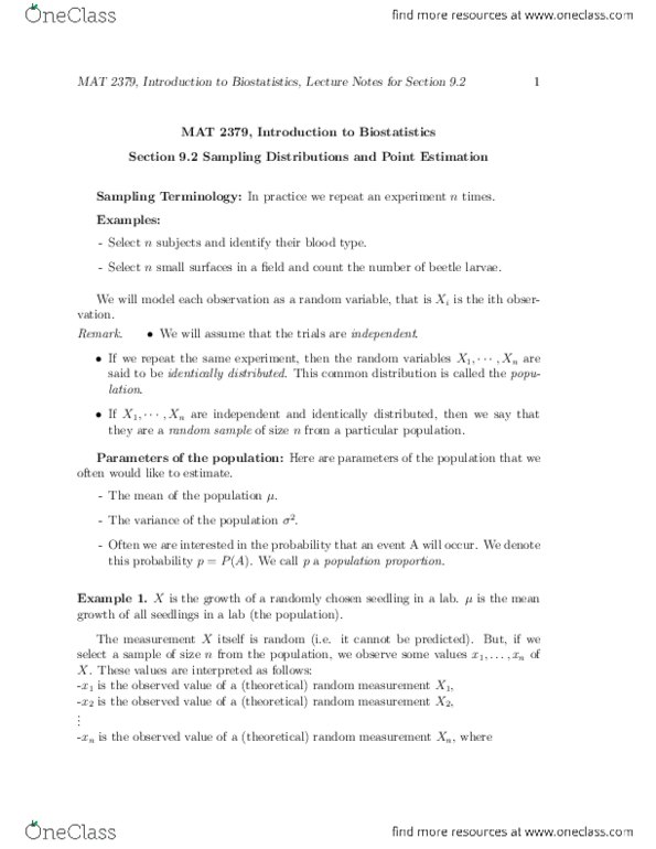 MAT 2379 Lecture Notes - Lecture 1: Point Estimation, Variance, Linear Map thumbnail
