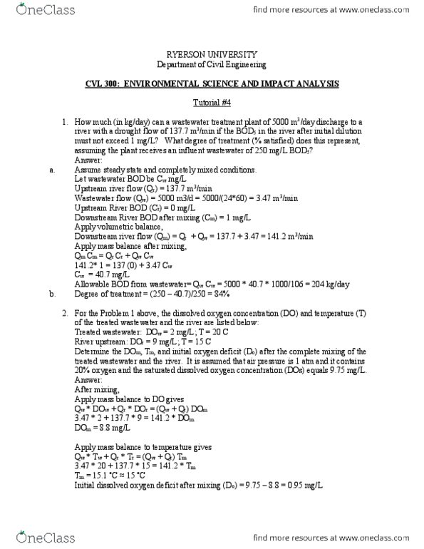 CVL 300 Lecture Notes - Lecture 6: Mass Balance, Ryerson University, Environmental Engineering thumbnail