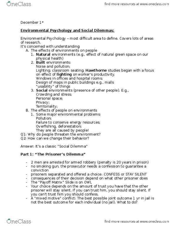 Psychology 2990A/B Lecture Notes - Lecture 11: Environmental Psychology, Hawthorne Effect, Overfishing thumbnail