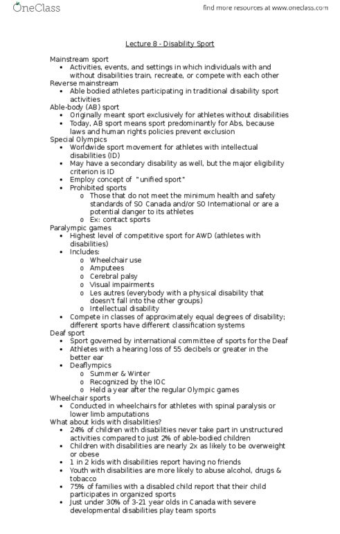 KP100 Lecture Notes - Lecture 8: Disabled Sports, Cerebral Palsy, Tetraplegia thumbnail