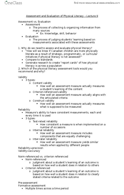 KP100 Lecture Notes - Lecture 9: Summative Assessment, Formative Assessment, Content Validity thumbnail