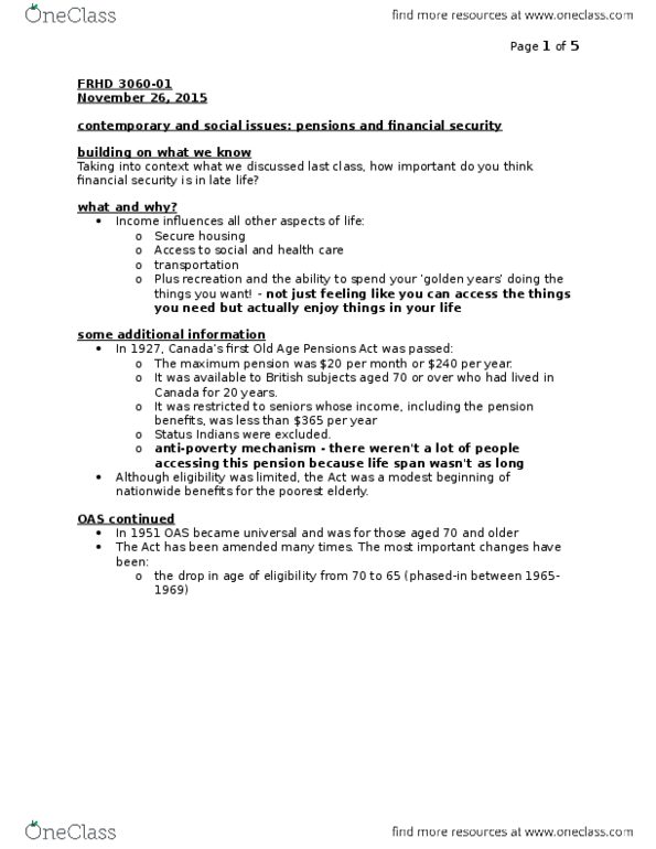 FRHD 3060 Lecture Notes - Lecture 3: Old Age Security, Indian Register, Pension thumbnail