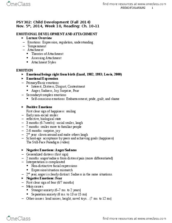 PSY 302 Lecture Notes - Lecture 10: Facial Expression, Attachment Theory, Object Permanence thumbnail