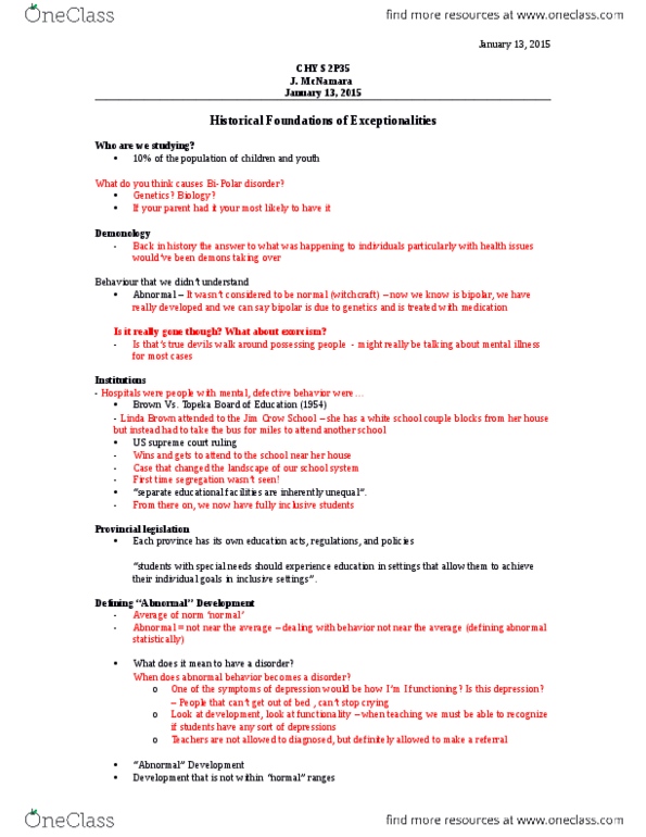 CHYS 2P35 Lecture Notes - Lecture 2: Neurology, Nemain, Intellectual Disability thumbnail