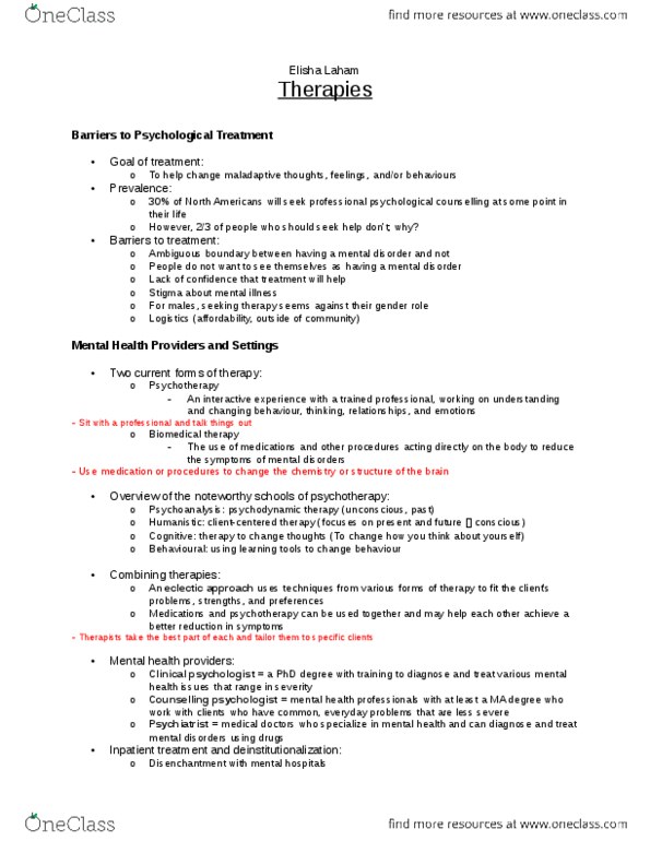 PSYC 1000 Lecture Notes - Lecture 10: Tricyclic Antidepressant, Exposure Therapy, Psychoanalysis thumbnail