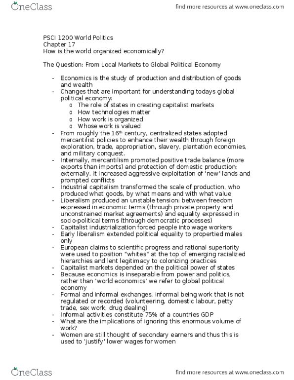 PSCI 1200 Lecture Notes - Lecture 8: International Political Economy, Mercantilism, World Politics thumbnail