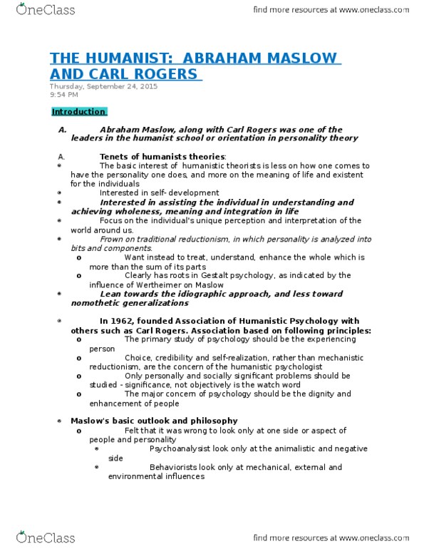 PSYCH 2B03 Lecture Notes - Lecture 7: Abraham Maslow, Gestalt Psychology, Reductionism thumbnail