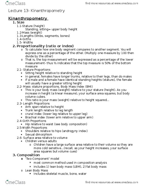 KIN 121 Lecture Notes - Lecture 13: Lean Body Mass, Body Mass Index, Androgyny thumbnail