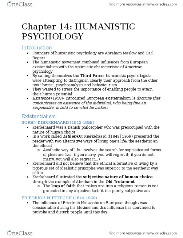 PSYC85H3 Chapter Notes - Chapter 14: Existential Therapy, Otto Binswanger, Humanistic Psychology thumbnail