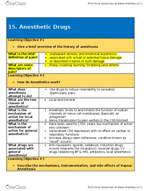PHAR 201 Lecture Notes - Lecture 15: Anesthetic, Neuron, Malignant Hyperthermia thumbnail