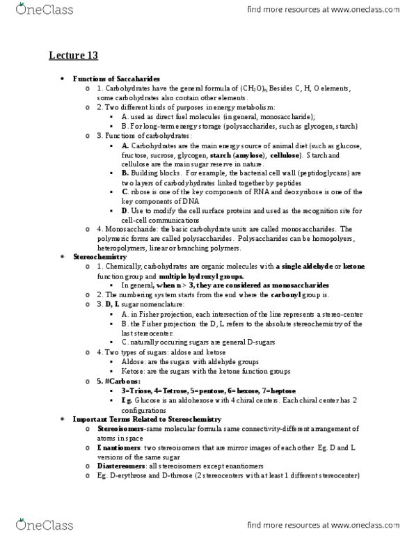 CAS CH 273 Lecture Notes - Lecture 13: Fischer Projection, Ketose, Aldose thumbnail